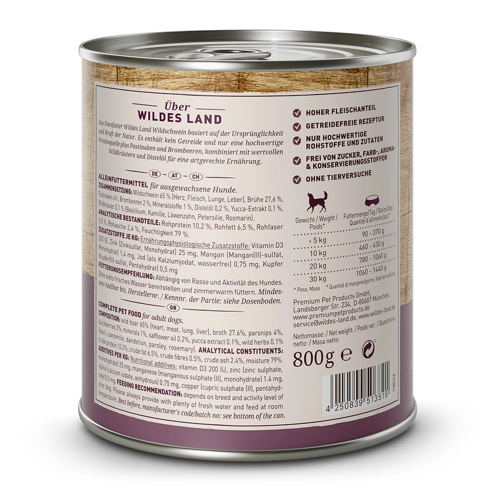 Wildes Land Classic Adult Wildschwein Mit Pastinake, Brombeeren, Wildkräutern Und Distelöl Nassfutter 24 X 800 G – Bild 2