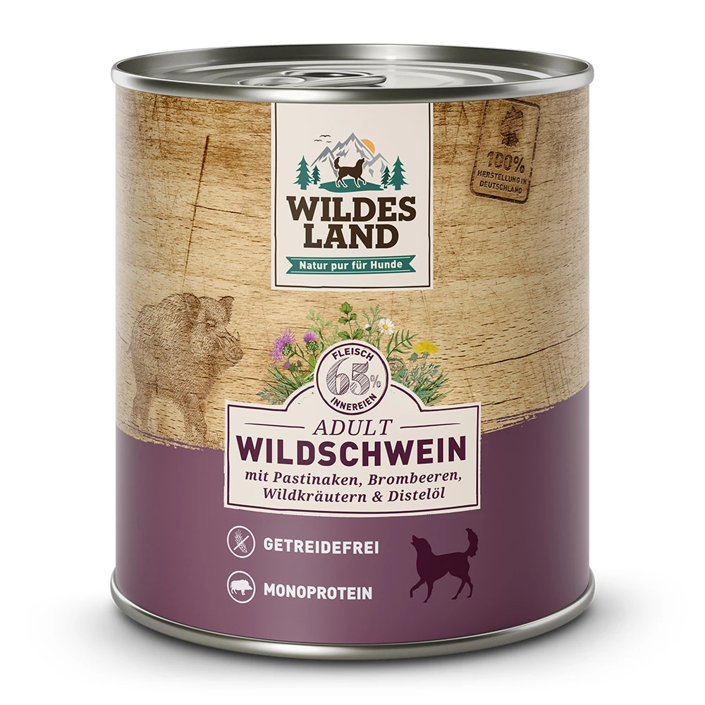 Wildes Land Classic Adult Wildschwein Mit Pastinake, Brombeeren, Wildkräutern Und Distelöl Nassfutter 24 X 800 G