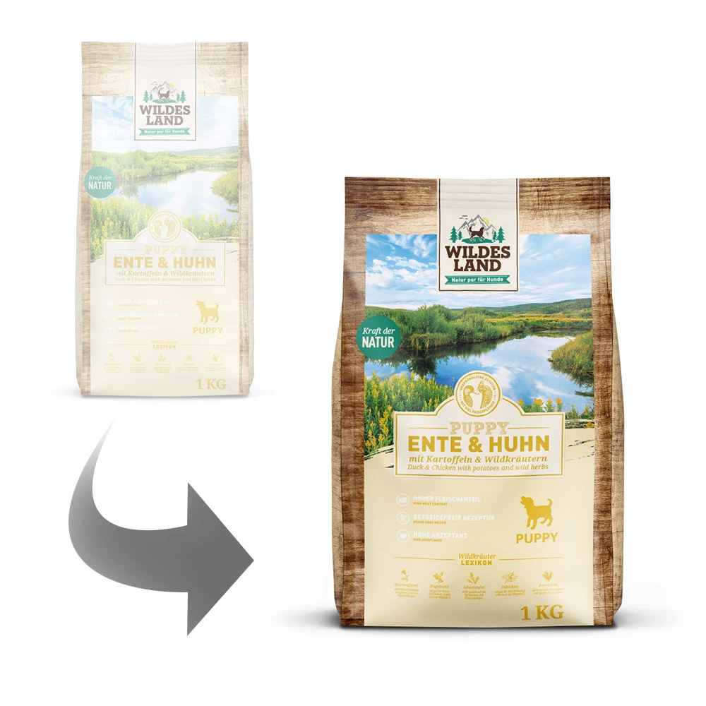 Wildes Land Classic Puppy Ente Und Huhn Mit Kartoffeln Und Wildkräutern Trockenfutter 1 Kg – Bild 3