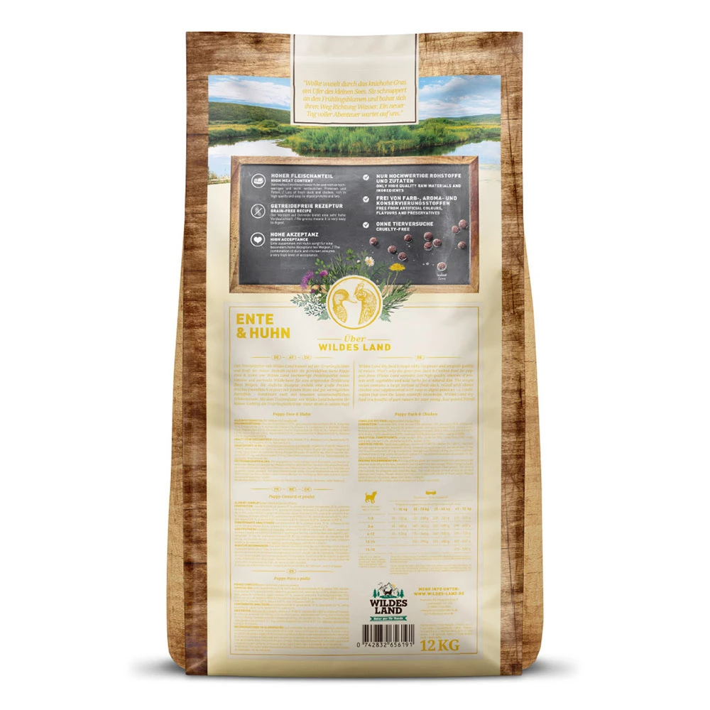 Wildes Land Classic Puppy Ente Und Huhn Mit Kartoffeln Und Wildkräutern Trockenfutter 2 X 12 Kg – Bild 2