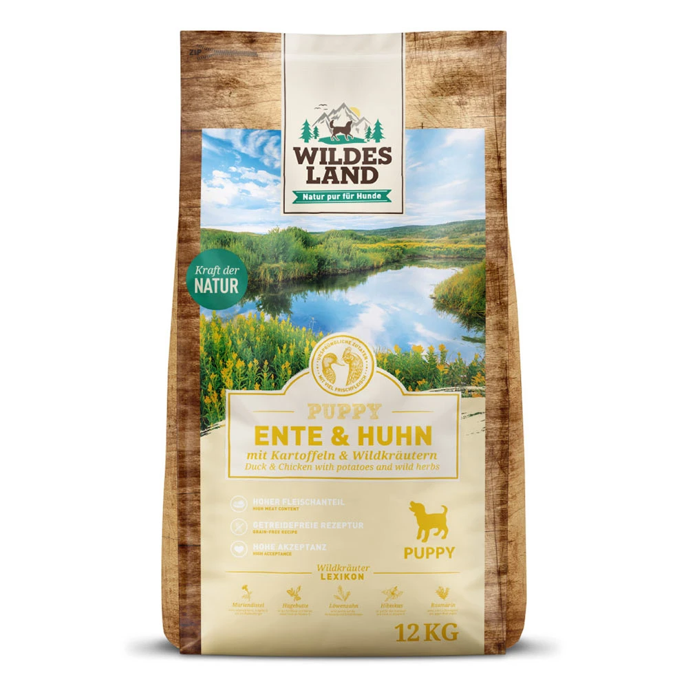 Wildes Land Classic Puppy Ente Und Huhn Mit Kartoffeln Und Wildkräutern Trockenfutter 12 Kg