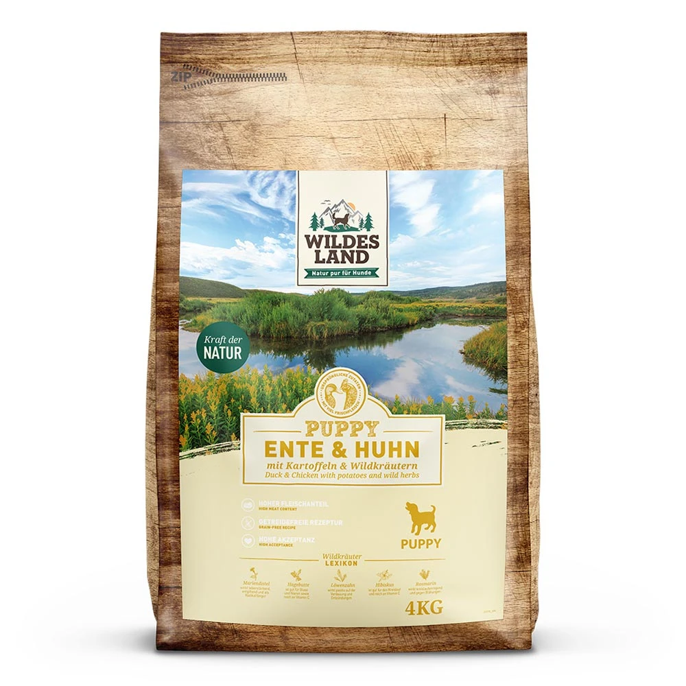 Wildes Land Classic Puppy Ente Und Huhn Mit Kartoffeln Und Wildkräutern Trockenfutter 4 Kg