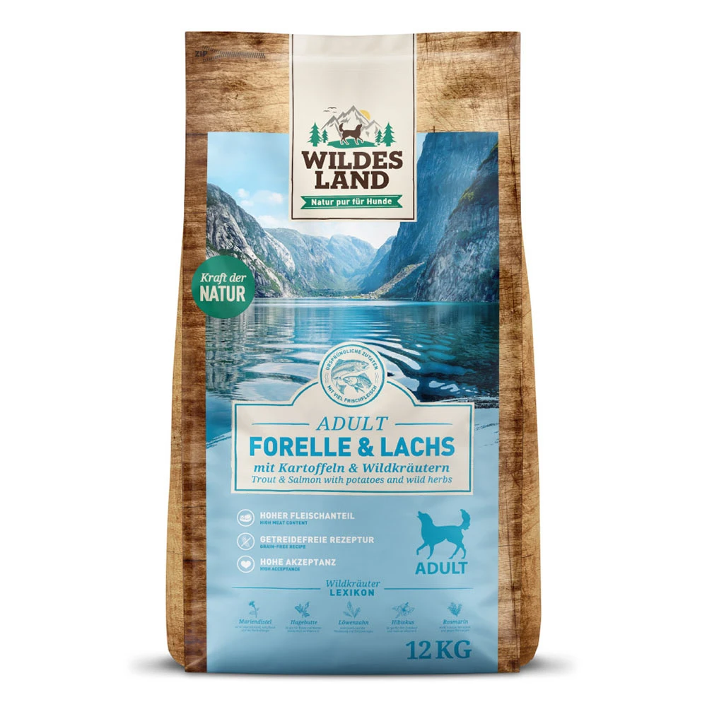 Wildes Land Classic Adult Forelle Und Lachs Mit Kartoffeln Und Wildkräutern Trockenfutter 2 X 12 Kg