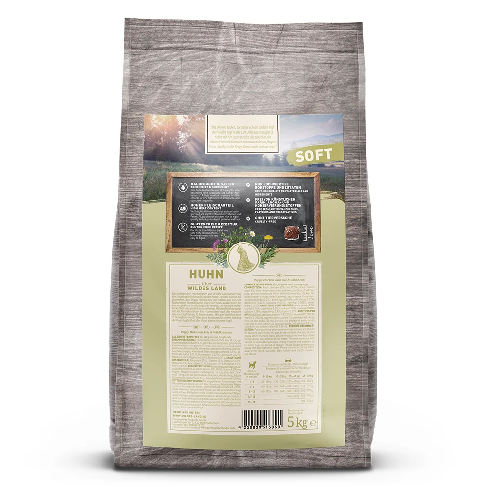 Wildes Land Soft Puppy Huhn Mit Reis Und Wildkräutern Trockenfutter 5 Kg – Bild 2