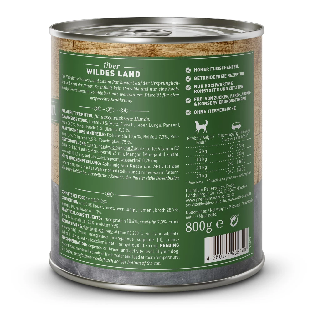Wildes Land PUR Adult Lamm Mit Distelöl Nassfutter 24 X 800 G – Bild 2